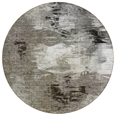 8' Taupe Beige And Ivory Round Abstract Washable Indoor Outdoor Area Rug