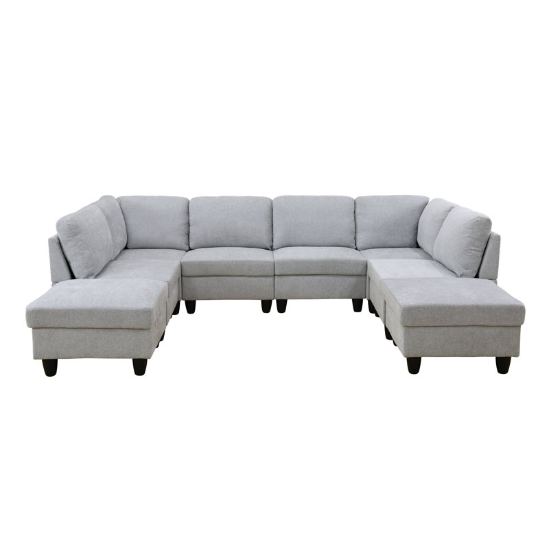 Canapé modulaire réversible de 118 pièces en flanelle de 118 po avec repose-pieds, Gris / blanc / flanelle