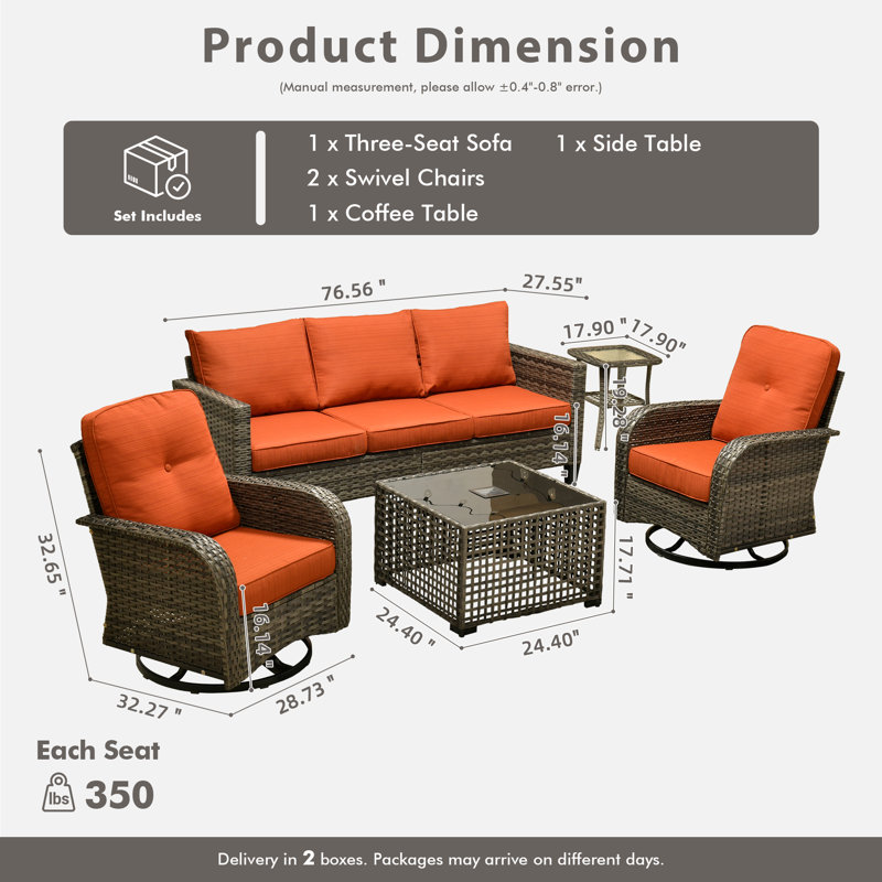 Ensemble de conversation d'extérieur en osier pour 5 personnes Allcot, ensemble de chaises de patio pivotantes avec table basse éclairée et coussins
