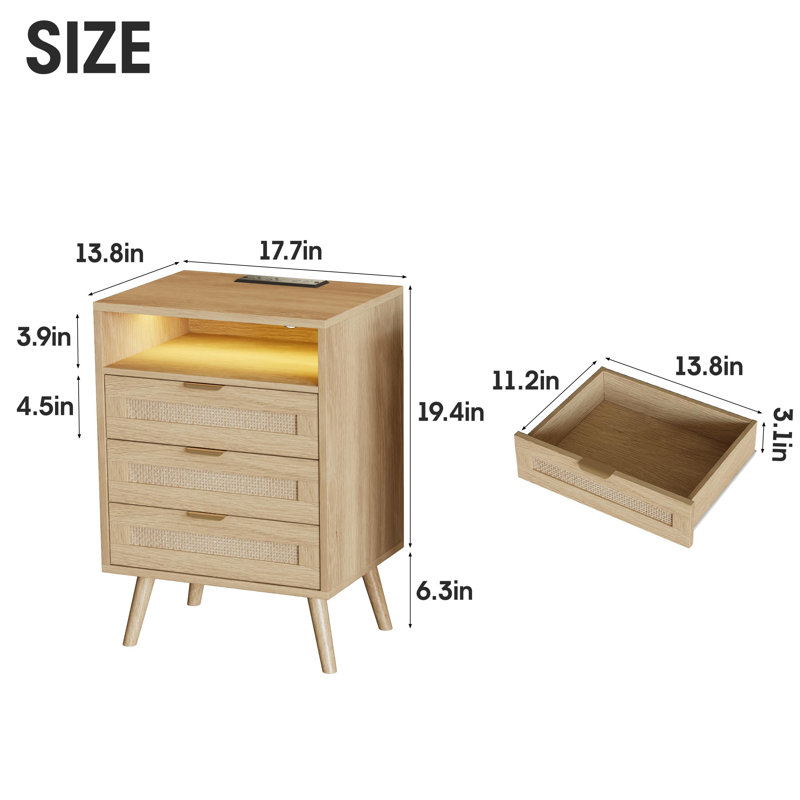 Nightstand With Charging Station USB Port Led Lights And 3 Storage Drawers, Set of 2