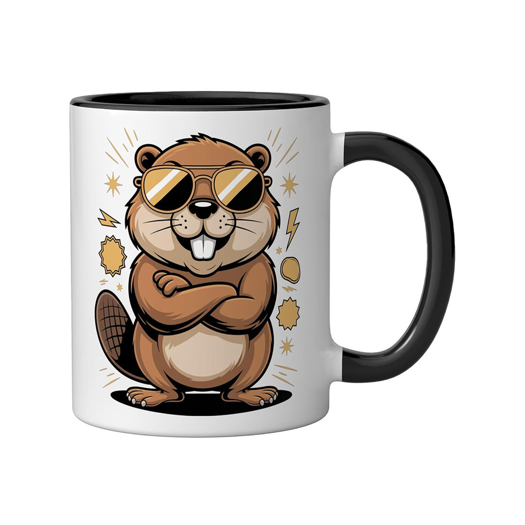 Cool Beaver Wearing Sunglasses Ceramic Mug, Black/White, 11oz