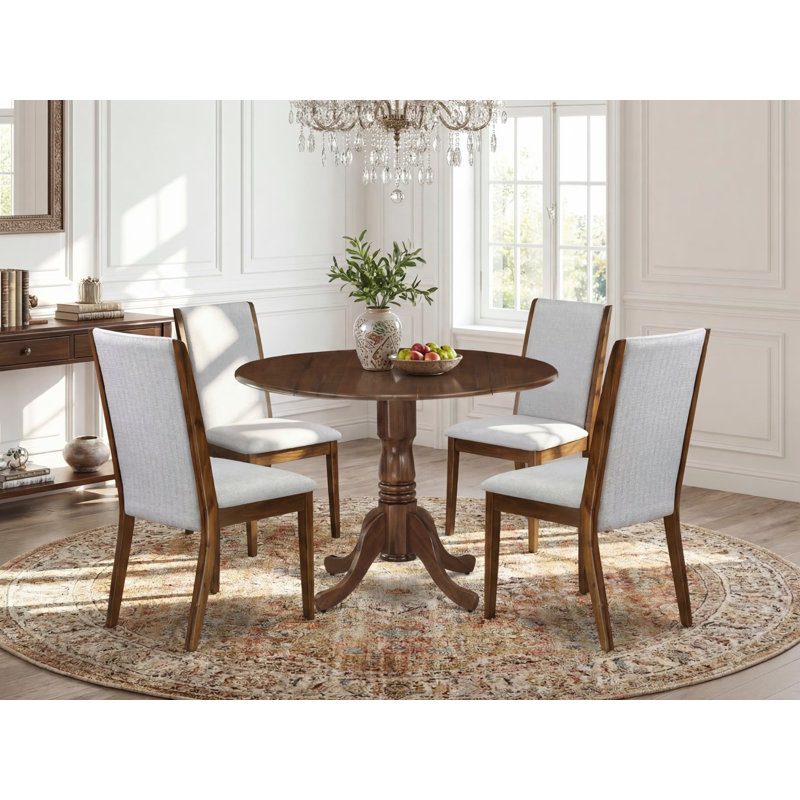 Ensemble de 5 pièces pour petits espaces comprenant une table de salle à manger ronde avec Dropleaf et 4 chaises rembourrées, 42 x 42 pouces, noyer antique