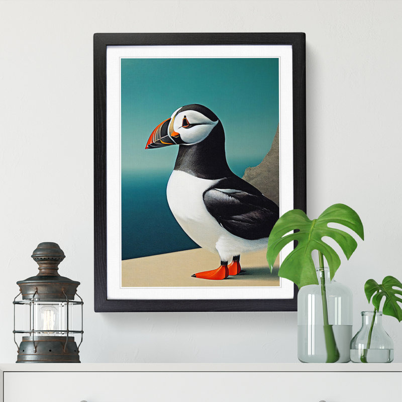 Puffin By The Sea - Single Picture Frame Print, Oak, 64cm H x 46cm W x 2cm D
