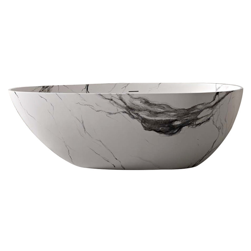 Rainlex 59" Tie-Dye Marble Resin Stone Freestanding Bathtub with Black-White-Gold Veining & Ergonomic Backrest