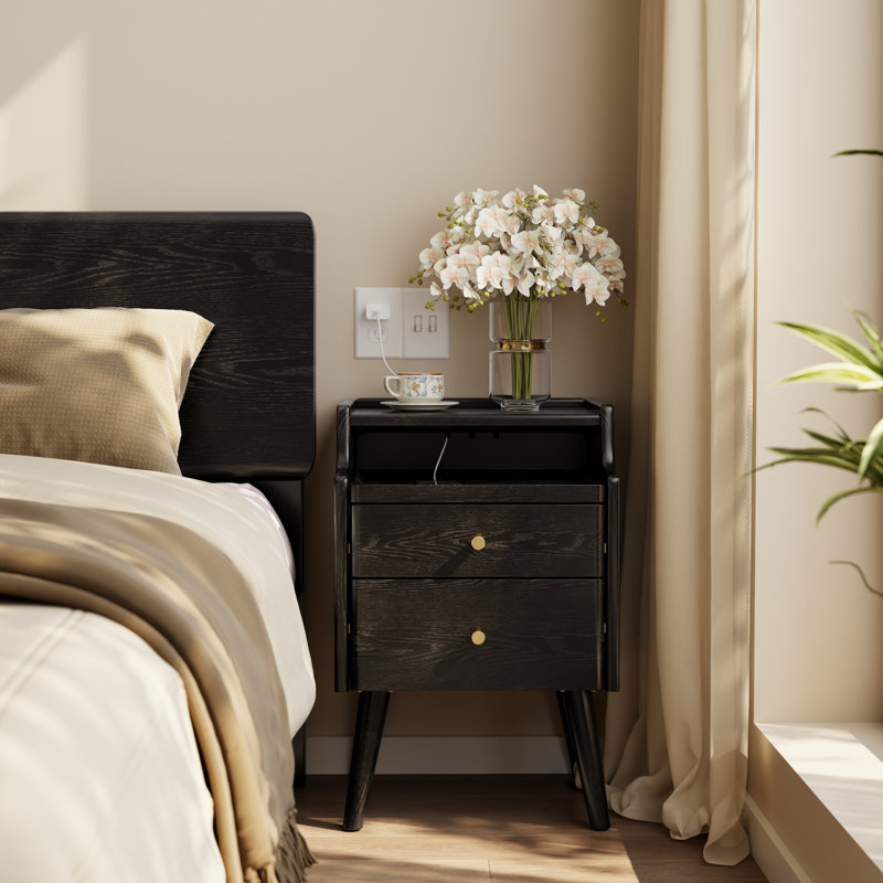 Narrow Solid Wood Nightstand with 2 Drawers, Black, 15.74"W