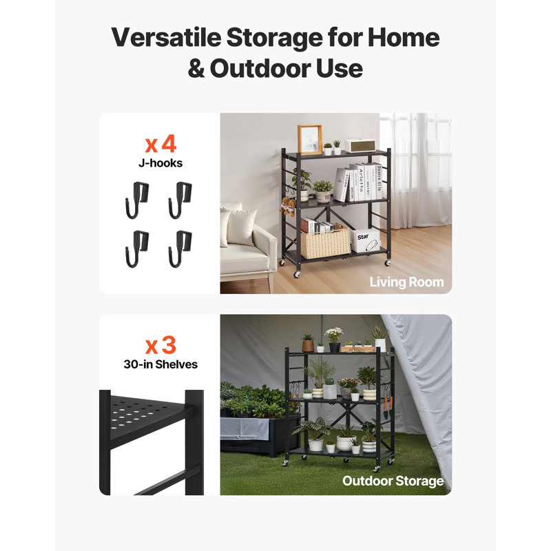 Tablette de rangement pliable multi-usages en métal, installation sans outil, pieds et roulettes interchangeables avec 4 crochets en J