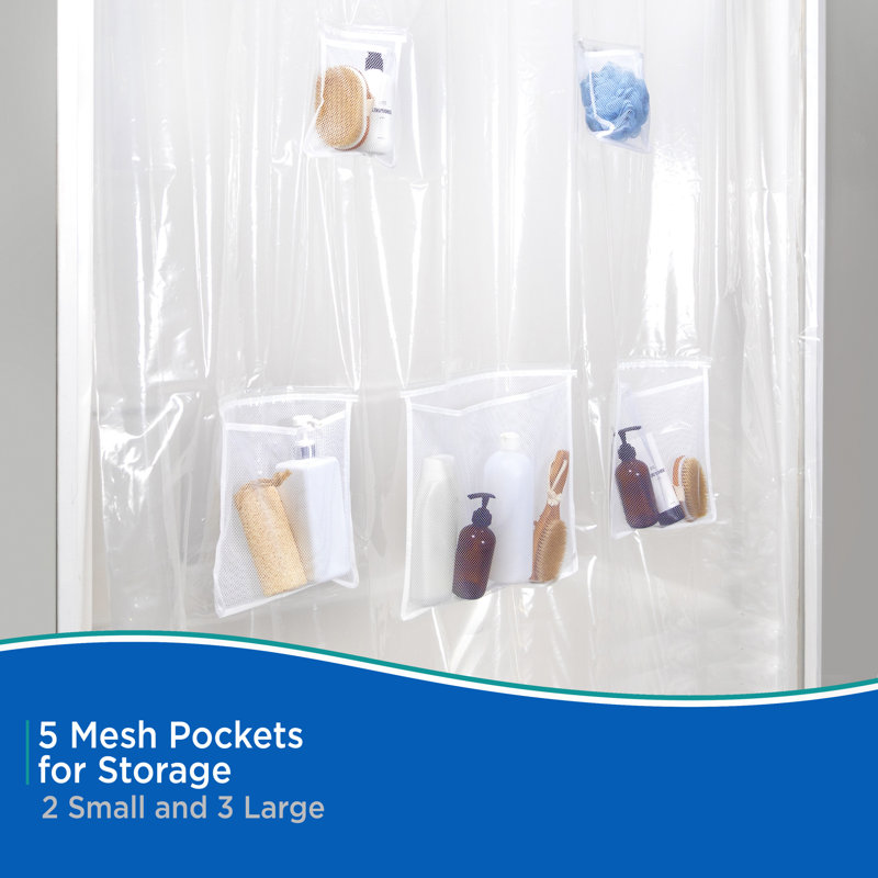 Clear PEVA Shower Curtain Liner with Mesh Storage Pockets