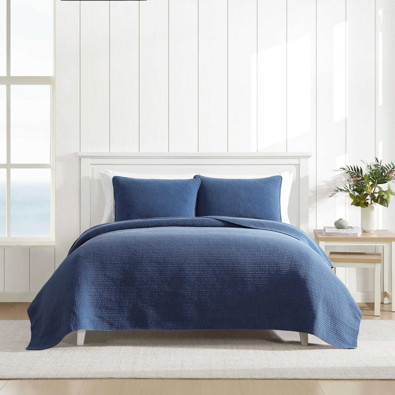 Nautica Seashore Stitch Solid Cotton Quilt Set, Twin Quilt + 1 Standard Sham, Blue