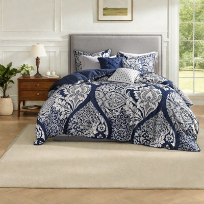 Ensemble de literie élégant en coton 7 pièces, damassé indigo pour la décoration intérieure