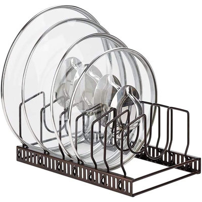 Support pour couvercles de casseroles pour armoire et comptoir, 7 couvercles de casseroles et support pour ustensiles de cuisson avec 7 compartiments réglables - brun