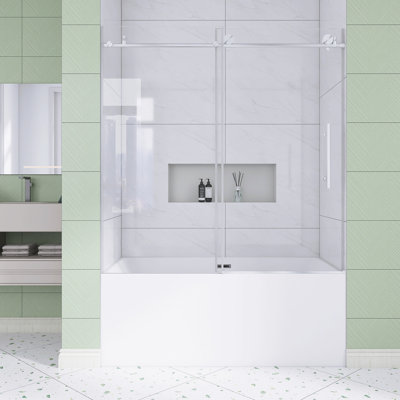 56-60 In. W × 60 In. H Frameless Shower  With 1/4" Tempered Glass In Brushed Nickel |  Explosion Proof Film |   Stainless Steel Handle