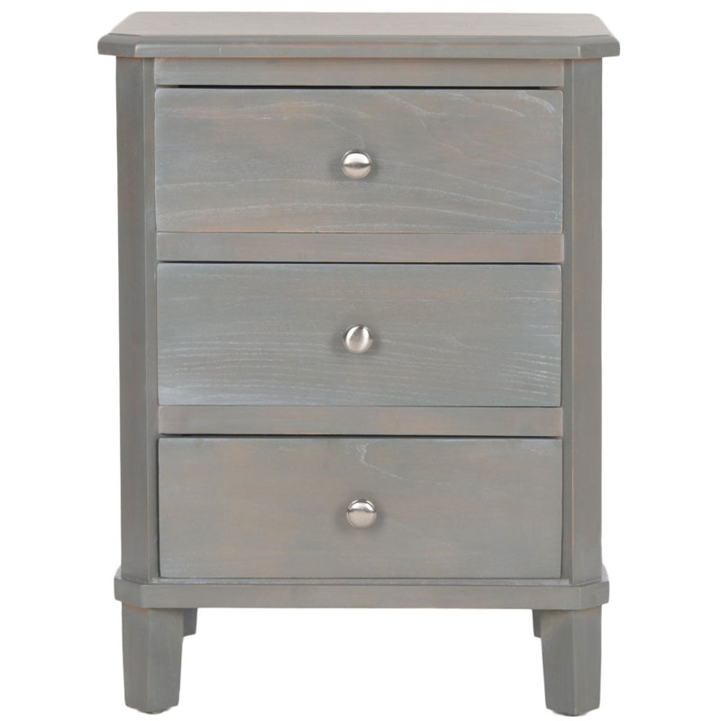 Table de bout en pin 25 po H - table de chevet 3 tiroirs avec poignées argentées, Gris cendré