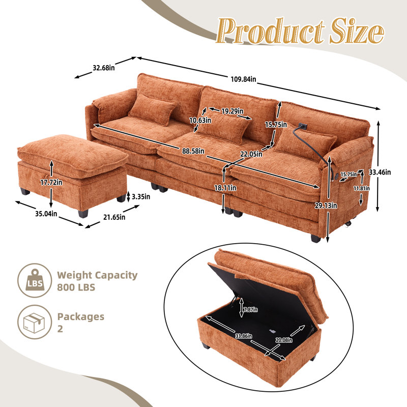 Modern Upholstery Sofa with Movable Storage Ottoman, Phone Holder, USB Charging Port, Orange