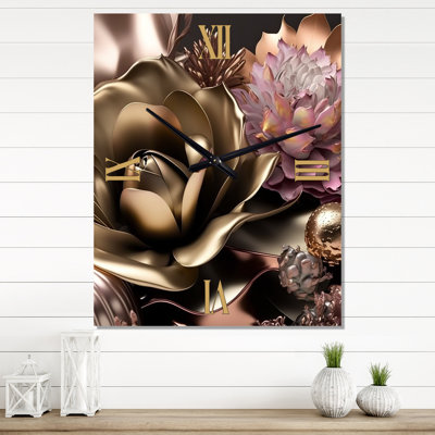 Horloge florale en métal rose et doré Glam Flowers IV