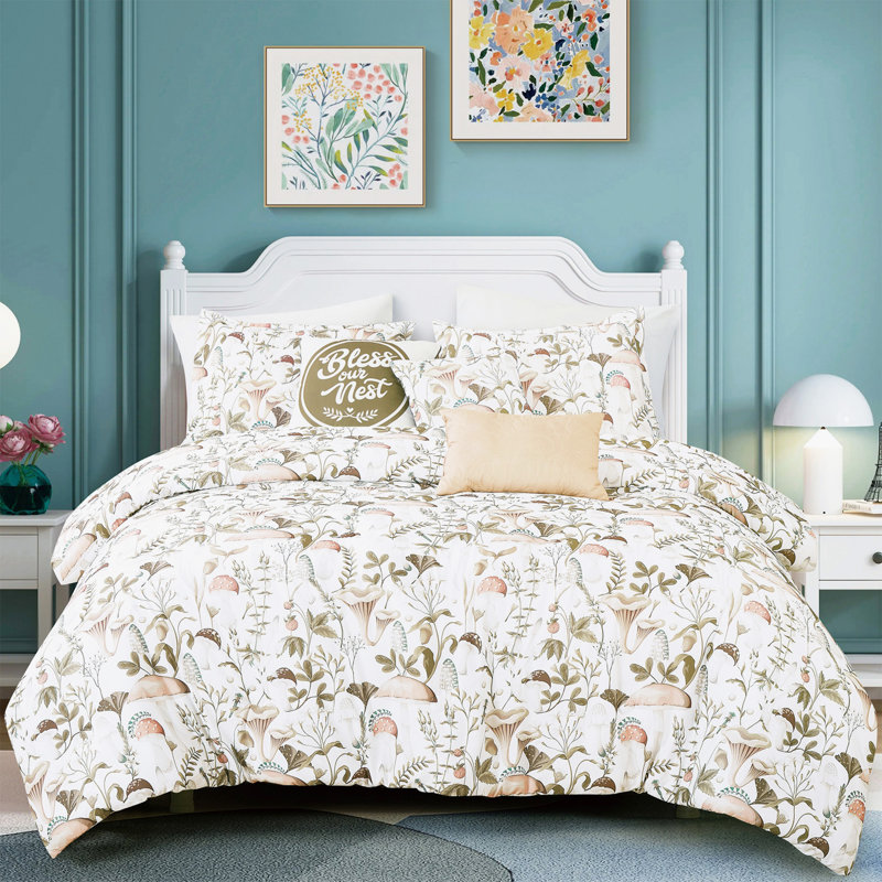 Ensemble d'édredon imprimé botanique 6 pièces - Literie fantaisiste inspirée de la nature avec coussins décoratifs