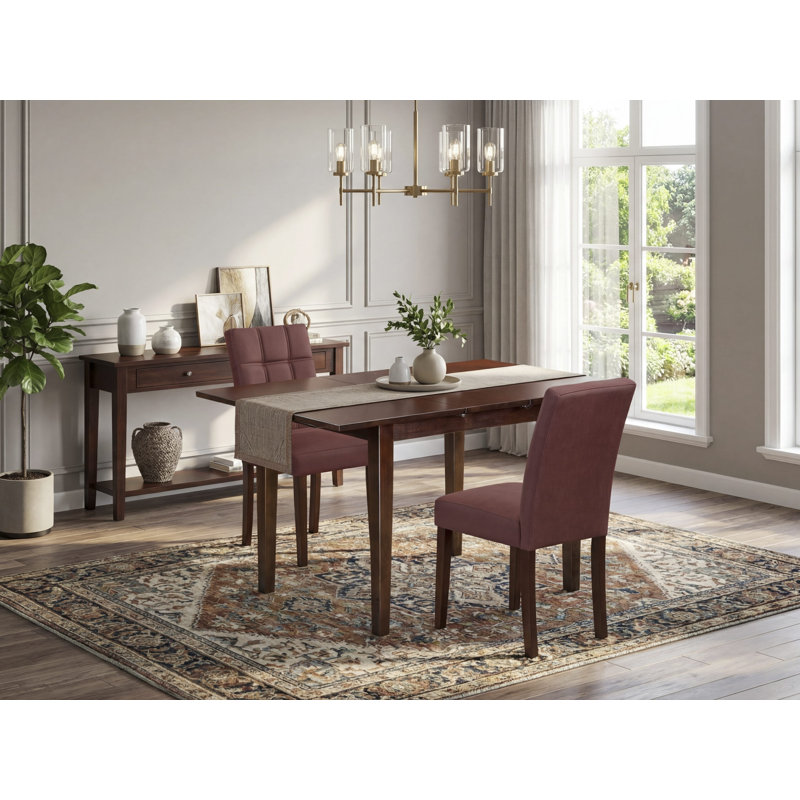 3 Piece Dining Table Set consists A Dining Table and 2 Burgundy Polyester Fabric Upholstered Chairs, Mahogany, Mahogany
