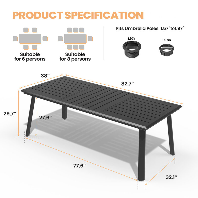 Rajni Rectangular Aluminum Outdoor Dining Table with Umbrella Hole, 82.7'' in. W X 38'' in. D, 29.7" H x 82.7" W x 38" D