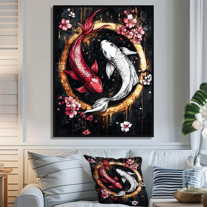 Art mural Sakura Yin et Yang Koi Pond IV - Kois Fish, Toile avec cadre flottant noir, H 40 po x l 30 po x P 1,5 po