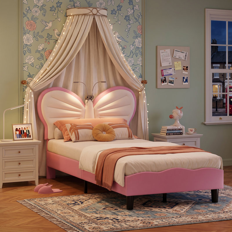 Single Children’S Bed Frame With LED Reading Lighting, Girls Bed Upholstered Platform Bed Frame With Butterfly-Shaped Adjustable Height Headboard, Easy Assembly