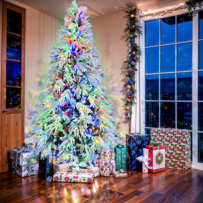 Arbre de Noël enneigé en épinette pré-éclairé, arbre de Noël articulé artificiel avec 350 lumières DEL multicolores, 8 modes de clignotement, décoration de bureau de vacances
