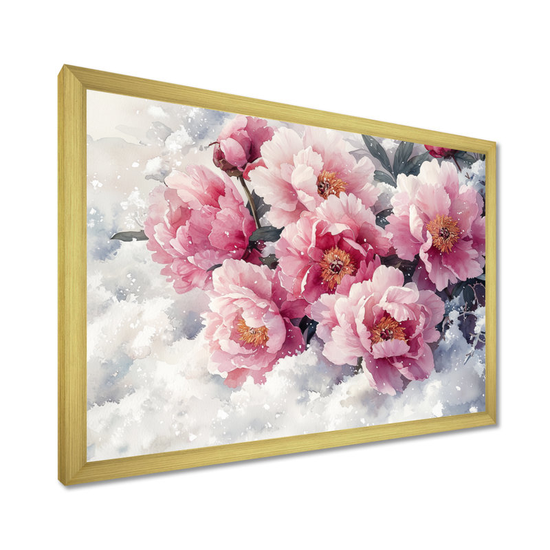 Inarah pivoines dans la neige I - pivoines, art mural, H 30 po x l 40 po, Reproduction encadrée d'une seule photo, Doré