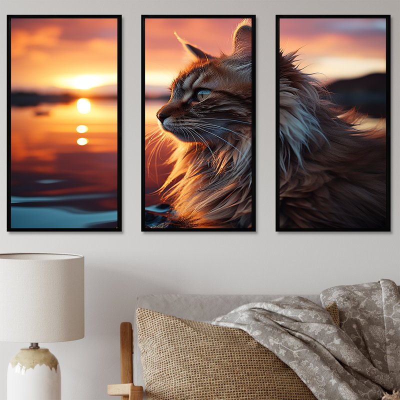 «Solitude Cat In Sunset», ensemble d'art mural sur toile, H 40 po x l 60 po, Cadre flottant noir