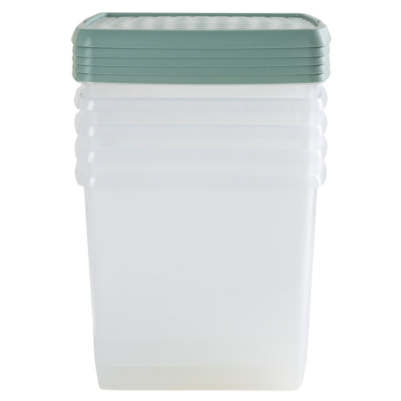 Wham Clip 5x 13.2L Square Plastic Storage Boxes with Secure Clip Lock Lids. L:39.5 x W:39.5 x H:12cm Clear/Green Milieu/Stone