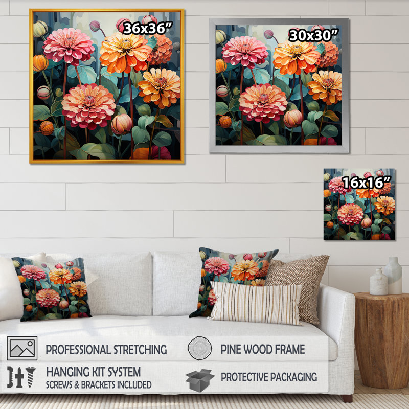 "Binn Zinnias fleurs" - impression sur toile Zinnias, Cadre simple blanc, H 16 po x l 16 po x P 1 po