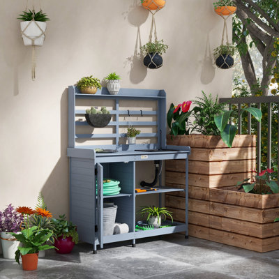 Outdoor Potting Bench With Sink And Storage Area, Wood - Ideal For Cleaning Pots In Backyard, Patio, Lawn Slip Feet, Stability Garden Workstation by Hokku Designs