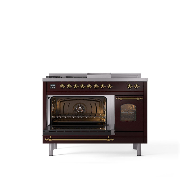 ILVE Nostalgie II 48 Dual Fuel Range, Liquid Propane, Burgundy/Brass
