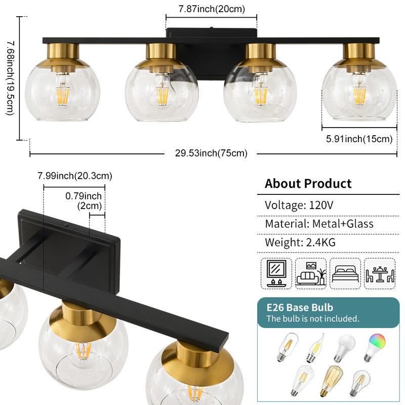 Geneva Dimmable Bathroom Vanity Light Fixtures, Matte Black/Gold, 4