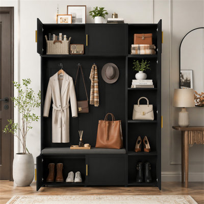 Arbre d'entrée U-Can de style américain 4 en 1 avec banc rembourré, 4 crochets et tablettes de rangement à plusieurs niveaux