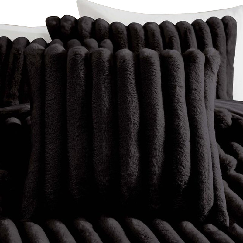 Ensemble d'édredon très grand 4 pièces Sieno, fausse fourrure blanche et envers en micro vison, Black