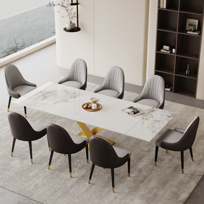 Ensemble de table de salle à manger Terrile avec plateau en pierre frittée extensible 94,5 po et 8 chaises en similicuir