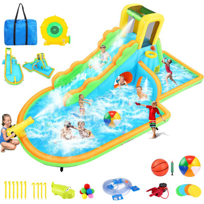 Inflatable Water Slides For Kids Backyard, 13 In 1 Blow Up Water Slide Park Bounce House W/Water Pool, Slide, Climb Wall, Water-Spray Arch, Hidden Tun