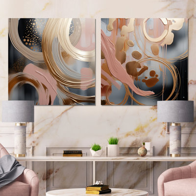 Abstract Pink And Gold Liquid Ink Circles I - Abstract Shapes Wall Art Prints Set Of 2