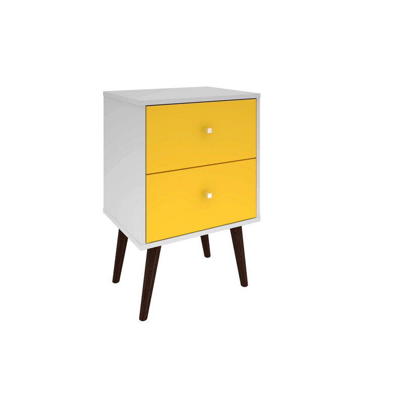 Table de chevet moderne à 2 tiroirs Liberty, Jaune / Blanc