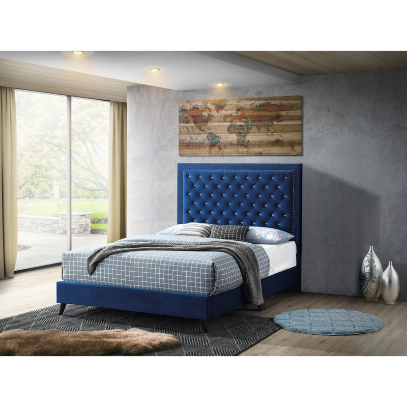 Très grand lit ravissant en velours bleu marine - Alba G0609