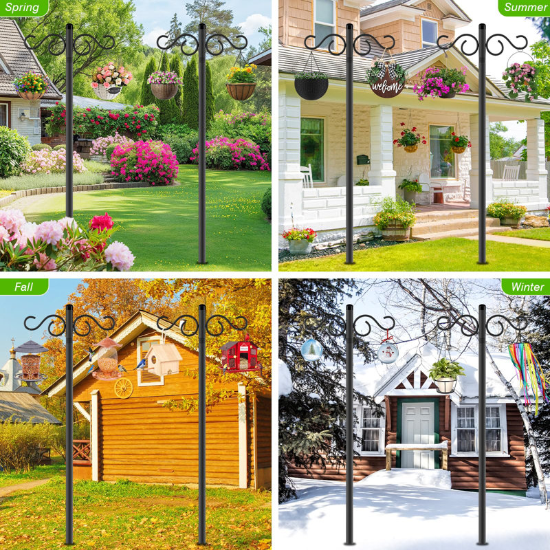 Double Shepherds Hooks For Outdoor,2 Pack Bird Feeder Pole With 5 Prongs Base,Heavy Duty Shepherds Hook,Suitable For Garden In Hanging Flower Basket,Lantern,Bird Nests