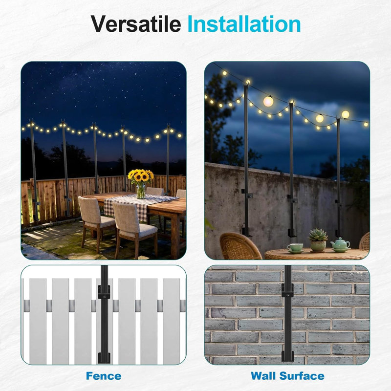 10 Pack 5FT String Light Poles for Deck, Outdoor Metal Deck Light Poles with Fixing Clips