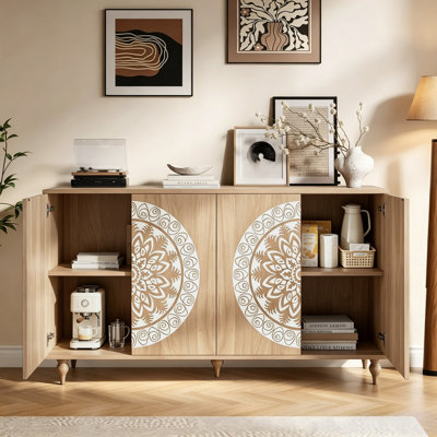 Buffet 59,84 "à 4 portes de style campagnard sculpté, crédence Boho avec tablettes réglables et pieds en bois