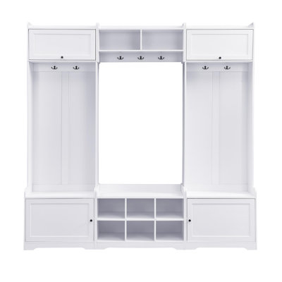 Arbre d'entrée moderne de 79,1 po avec rangement pour chaussures, banc d'entrée 4 en 1 avec 8 casiers, 7 crochets à manteau et tablette réglable pour le couloir, le salon, blanc