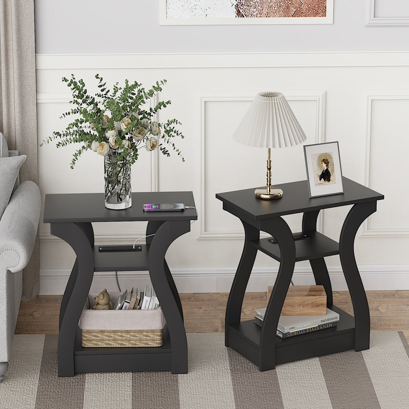 Grande table de bout et prises intégrées Arthus 23,62 po, Noir, noir, noir, noir, 2