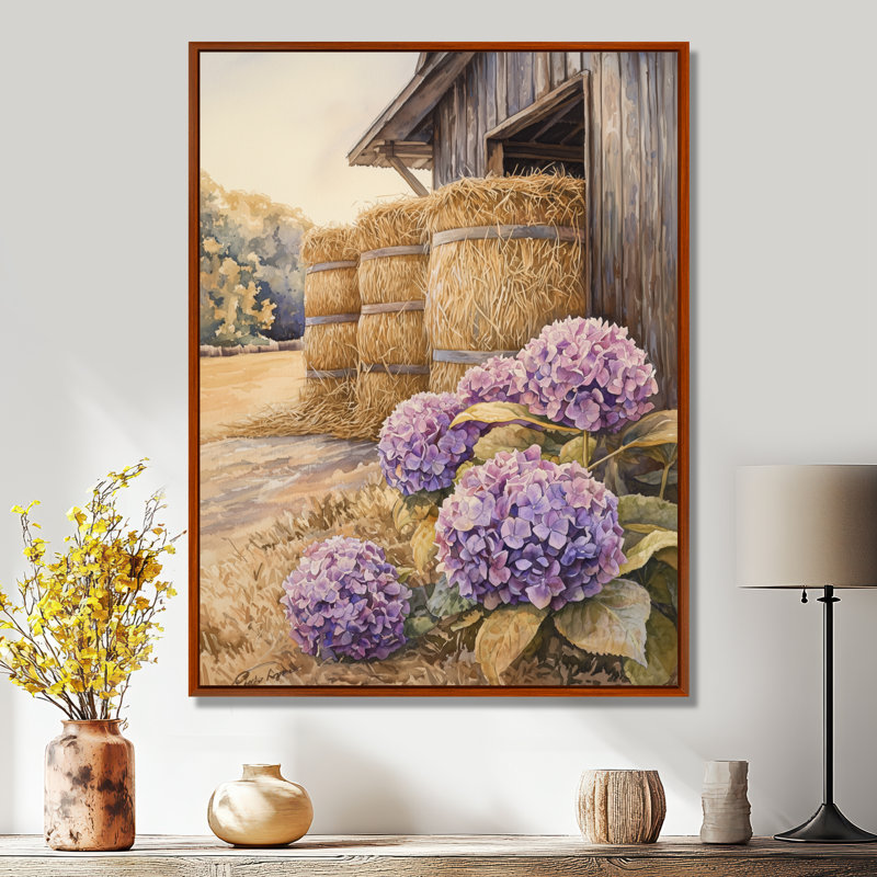 Isairis Hydrangeas In The Hayloft I - Hydrangea Wall Decor, 44" H x 34" W, Floater Framed Print, Brown
