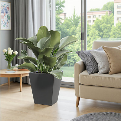 Grand pot à fleurs effilé en métal de 18 po de hauteur - grand pot de jardin intérieur et extérieur avec trou de drainage et bouchon en caoutchouc, finition noire polie élégante pour la maison et le patio