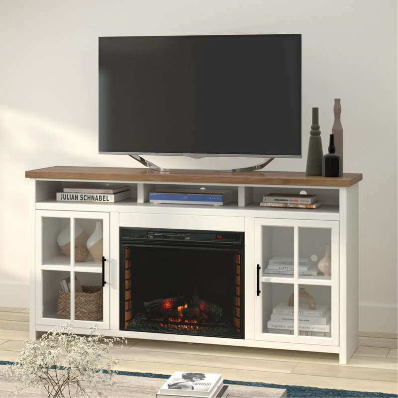 Meuble télé 74 po pour téléviseur de 85 po ou moins, assemblage minimal, fini blanc délavé et bois de grange, Blanc