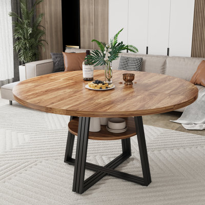 Round Dining Table for 4-6, Farmhouse Kitchen Table with Storage, Circle Dinner Tables for Kitchen, Dining Room