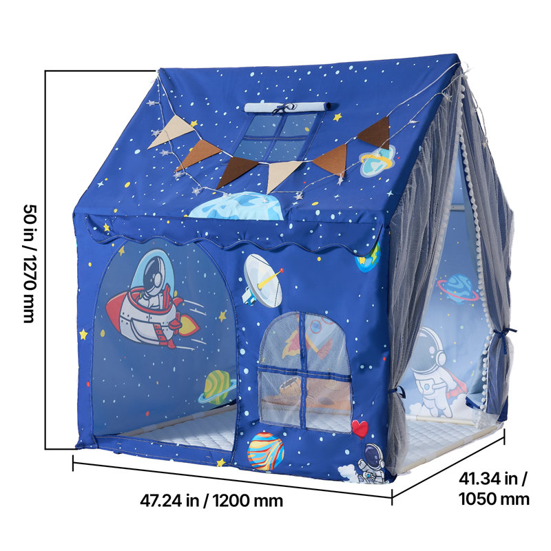 Tente de jeu pour enfants, structure en PVC, avec tapis rembourré, bleu, utilisable à l'intérieur et à l'extérieur, coin lecture/sieste, sac de transport, drapeau, fenêtre aérée et guirlande lumineuse étoilée.