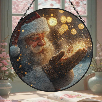 Santa Creates Magic Snow Stained Glass Panels Suncatcher for Window Decor