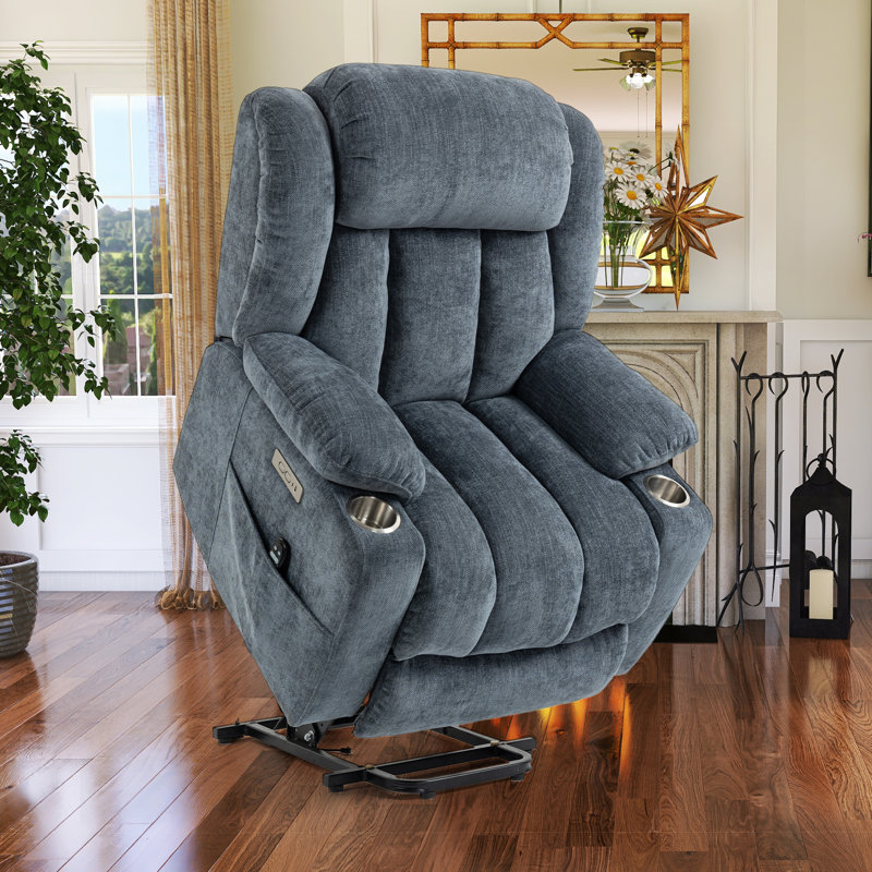 Karelin 34.6"W Chenille Lift Chair Power Recliner, Massage, Heater, USB Ports, Navy Gray